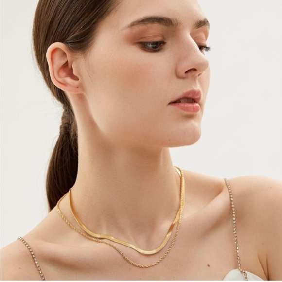 GOLD 14k Gold Plated Herringbone Rope Layered Necklace - Picture 1 of 2